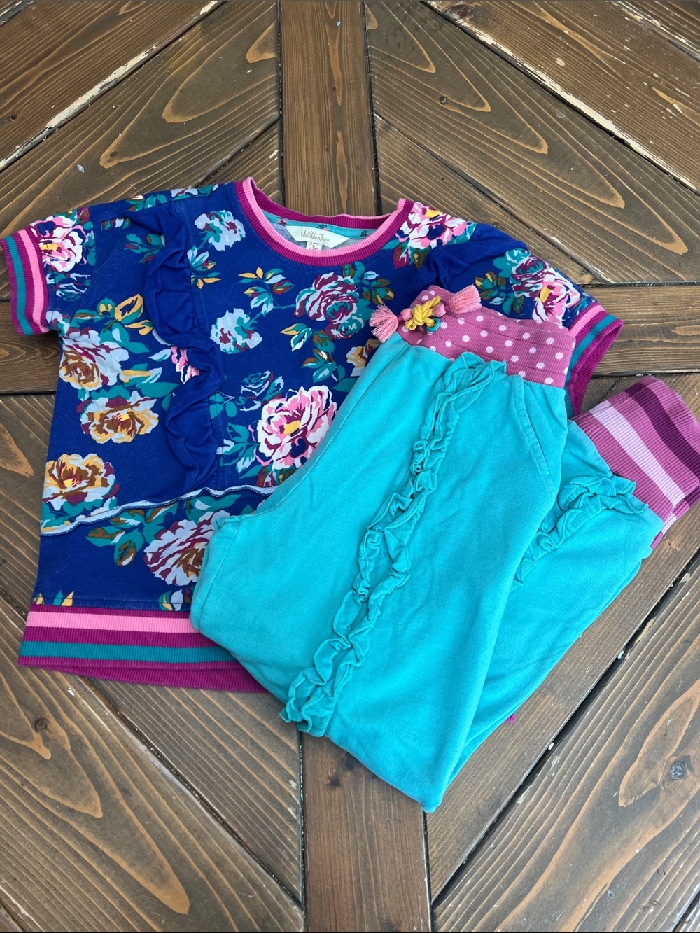 Matilda Jane Girls Floral Navy & Teal Ruffle jogger Set